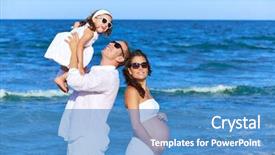 Presentation with pregnant mother - Slide deck enhanced with happy family on the beach posing relaxed with pregnant mother woman background and a teal colored foreground