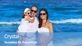  Presentation with pregnant mother - Colorful theme enhanced with happy family on the beach posing relaxed with pregnant mother woman backdrop and a teal colored foreground