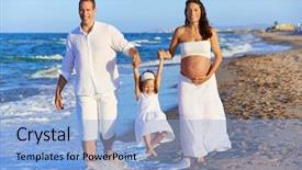  Presentation with pregnant mother - Slides enhanced with happy family on the beach sand walking with pregnant mother woman background and a light blue colored foreground