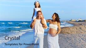  Presentation with pregnant mother - Slide set consisting of happy family on the beach background and a light blue colored foreground