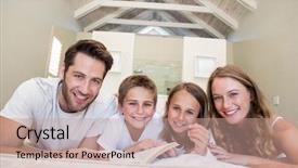  Presentation with family reading - PPT layouts having happy family on the bed reading book at home in bedroom background and a coral colored foreground