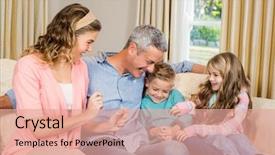  Presentation with living room family - Beautiful PPT theme featuring happy family on the sofa backdrop and a  colored foreground