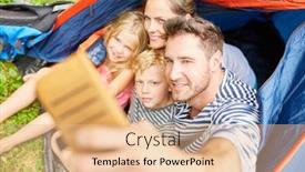  Presentation with tent - Beautiful PPT layouts featuring happy family on vacation is taking a self portrait with the smartphone in the tent backdrop and a lemonade colored foreground