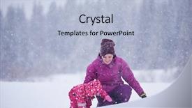  Presentation with falling snow - Slide set featuring happy family on winter vacation mom and cute little girl have fun and slide while snow falkes falling background and a light blue colored foreground