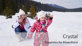  Presentation with falling snow - Beautiful theme featuring happy family on winter vacation mom and cute little girl have fun and slide while snow falkes falling backdrop and a sky blue colored foreground