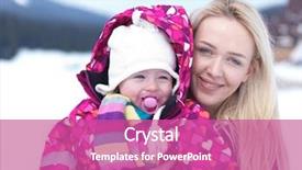  Presentation with falling snow - Audience pleasing presentation design consisting of happy family on winter vacation portrait of mother and cute little girl have fun and slide while snow falkes falling backdrop and a coral colored foreground