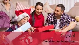  Presentation with living room family - PPT theme with happy family opening christmas gifts together at home in the living room background and a red colored foreground