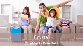  Presentation with family planning - Beautiful presentation design featuring happy family planning vacation trip backdrop and a coral colored foreground