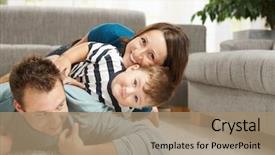  Presentation with living room family - Presentation theme enhanced with happy family playing at home background and a coral colored foreground