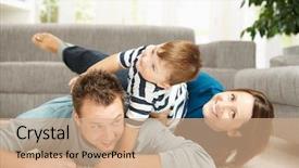  Presentation with living room family - Audience pleasing PPT theme consisting of happy family playing at home backdrop and a coral colored foreground
