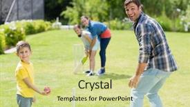  Presentation with cricket - Colorful slide set enhanced with happy family playing cricket together backdrop and a soft green colored foreground