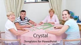  Presentation with family playing board game - Presentation theme enhanced with injection scene with hand while injecting a blue fluid from a syringe into crook of the arm background and a soft green colored foreground