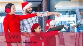  Presentation with family shopping - Slide set with happy family pointing at something in the shopping mall background and a red colored foreground