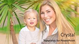  Presentation with portrait happy family smiling - Theme featuring happy family portrait cute smiling mother holding on hands her little adorable daughter enjoying motherhood love and happiness concept background and a coral colored foreground