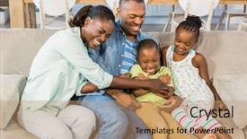  Presentation with living room family - Slide set with happy family posing on the couch together in living room background and a coral colored foreground