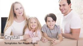  Presentation with living room family - Colorful presentation theme enhanced with happy family posing on the couch together at home in the living room backdrop and a soft green colored foreground