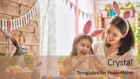  Presentation with bunny - PPT theme featuring happy family preparing for easter background and a coral colored foreground