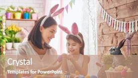  Presentation with displaying a happy mother cudd - Amazing PPT theme having happy family preparing for easter backdrop and a coral colored foreground