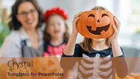  Presentation with family children - Colorful PPT layouts enhanced with happy-family-preparing-for-halloween backdrop and a gold colored foreground