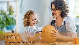  Presentation with happy halloween card - Audience pleasing slide deck consisting of happy-family-preparing-for-halloween backdrop and a gold colored foreground