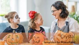  Presentation with family children - PPT theme with happy-family-preparing-for-halloween background and a coral colored foreground