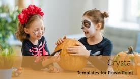  Presentation with family children - Amazing PPT theme having happy-family-preparing-for-halloween backdrop and a gold colored foreground