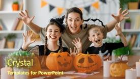  Presentation with family children - Presentation theme with happy-family-preparing-for-halloween and a red colored foreground