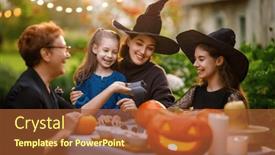  Presentation with family children - PPT theme featuring happy-family-preparing-for-halloween background and a  colored foreground