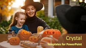  Presentation with family children - PPT theme with happy-family-preparing-for-halloween and a  colored foreground