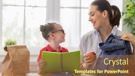  Presentation with school family - Cool new PPT theme with happy-family-preparing-for-school backdrop and a tawny brown colored foreground