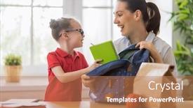  Presentation with school family - Beautiful presentation theme featuring happy-family-preparing-for-school backdrop and a coral colored foreground