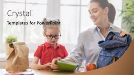  Presentation with school family - Beautiful presentation theme featuring happy-family-preparing-for-school backdrop and a light gray colored foreground