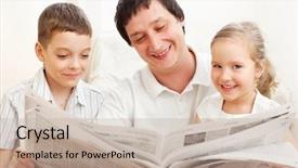  Presentation with family reading - PPT theme having happy family reading a newspaper father with daughter and son background and a mint green colored foreground