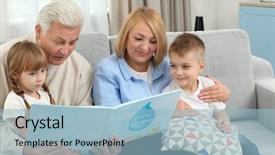  Presentation with family reading - Presentation design consisting of happy family reading book background and a light blue colored foreground