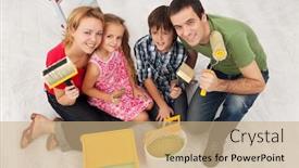  Presentation with utensils - Slides enhanced with happy family redecorating their home - sitting together with painting utensils background and a coral colored foreground