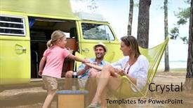  Presentation with happy camper - Presentation design featuring happy family relaxing by camper background and a coral colored foreground