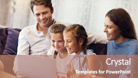  Presentation with hotel bellman - PPT theme having happy family relaxing in hotel background and a coral colored foreground