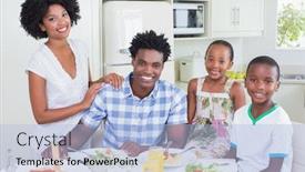  Presentation with dinner - Slide set having happy family sitting down to dinner together at home in the kitchen background and a light blue colored foreground