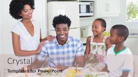  Presentation with dinner - Slide deck with happy family sitting down to dinner together at home in the kitchen background and a coral colored foreground