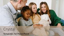  Presentation with adoption - PPT theme having happy-family-sitting-on-couch background and a coral colored foreground