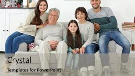  Presentation with living room family - Cool new PPT layouts with happy family sitting on sofa in living room backdrop and a light gray colored foreground