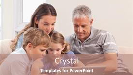  Presentation with living room family - Audience pleasing slide deck consisting of happy family sitting on a sofa using a notebook in a living room backdrop and a coral colored foreground