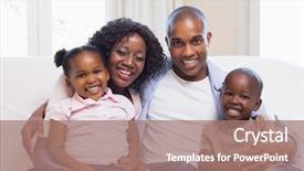  Presentation with living room family - Colorful presentation theme enhanced with happy family smiling at camera backdrop and a coral colored foreground