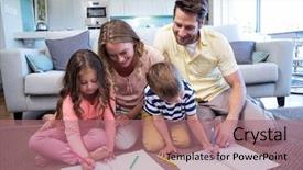  Presentation with living room family - PPT layouts having happy family spending time together at home in the living room background and a coral colored foreground