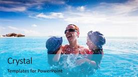  Presentation with pool restaurant family - PPT theme enhanced with happy family splashing in blue background and a teal colored foreground
