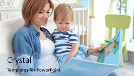  Presentation with baby book - Theme with happy family story - mother reading book to her background and a light blue colored foreground