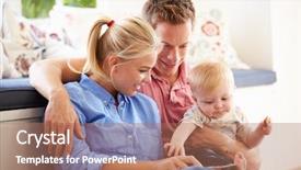  Presentation with kids reading book - Slide deck having happy family story - parents reading book to young background and a coral colored foreground