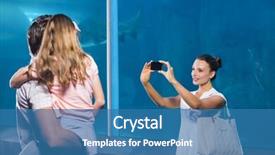  Presentation with family photo - Presentation consisting of happy family taking a photo at the aquarium background and a teal colored foreground