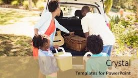  Presentation with car park - PPT theme featuring happy family taking objects out of the car at park background and a coral colored foreground