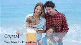  Presentation with sea shore - Presentation theme having happy family taking selfie while standing at sea shore background and a light blue colored foreground